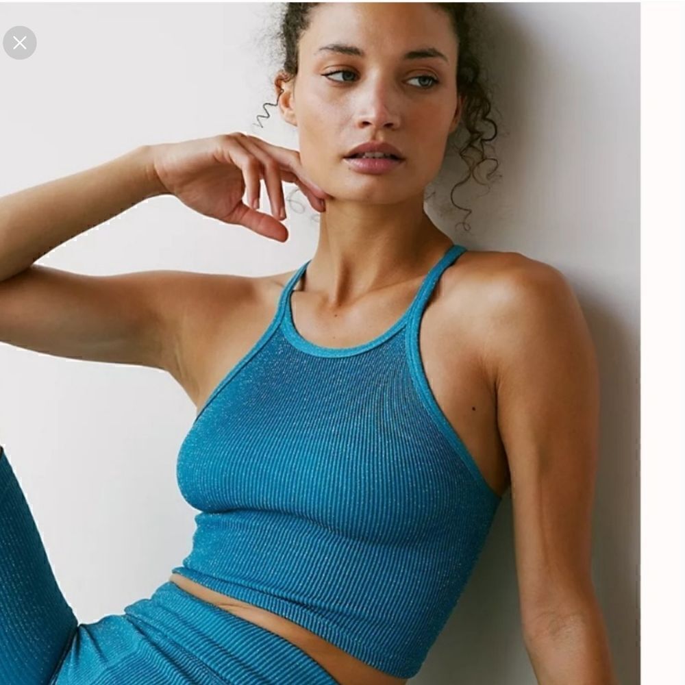 Free People Happiness Runs Ribbed Tank in Lurex Sparkly Blue XS/S